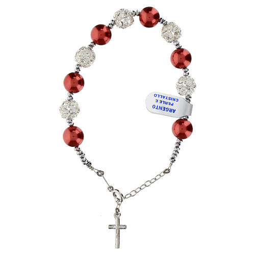 Bracciale decina strassball cristalli bianchi perle rosse argento 925 1