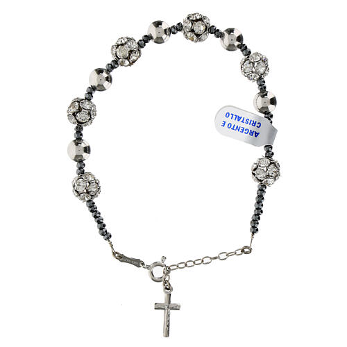 Bracciale strassball sfere argento 8 mm ematite croce pendente 1