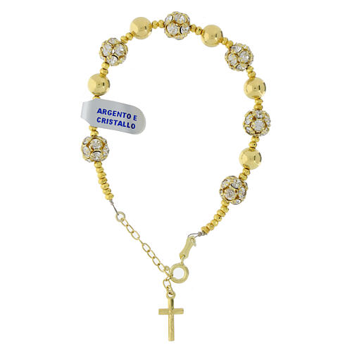 Gold plated single decade rosary bracelet, strass balls, polished 925 silver beads and hematite 1