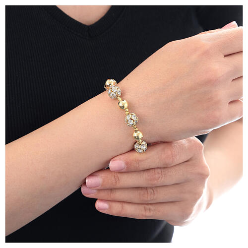 Gold plated single decade rosary bracelet, strass balls, polished 925 silver beads and hematite 2