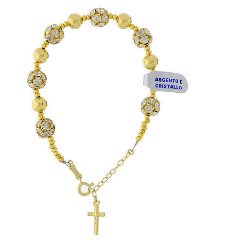 Gold plated single decade rosary bracelet, strass balls, polished 925 silver beads and hematite 3