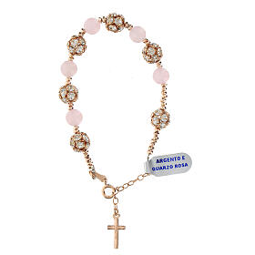 Bracelet argent 925 rosé quartz rose strass blancs croix pendentif