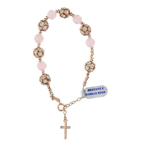 Bracciale argento 925 rosé quarzo rosa strass bianchi croce pendente 3