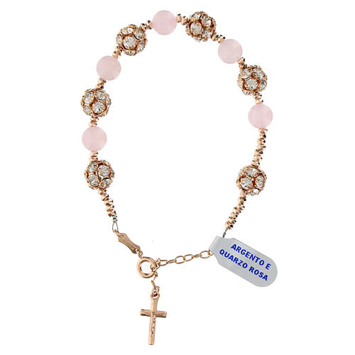 Rosary bracelet 925 rose silver rose quartz, white rhinestones, cross pendant 1