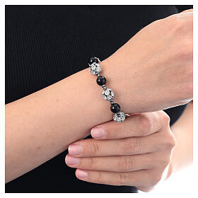 Pulsera granos ónix negra cuentas strass blancos plata 925 hematites