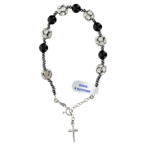 Pulsera granos ónix negra cuentas strass blancos plata 925 hematites 1