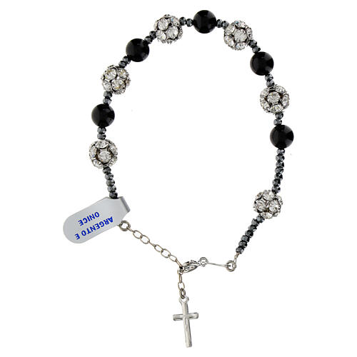 Pulsera granos ónix negra cuentas strass blancos plata 925 hematites 3