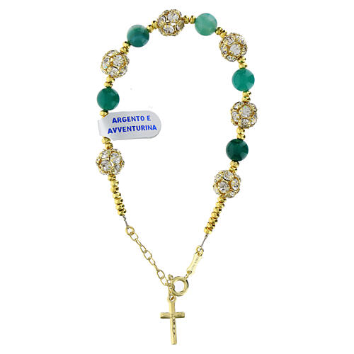 Armband aus vergoldetem 925er mit grünen Aventurin-Perlen und Silberstrassball 1