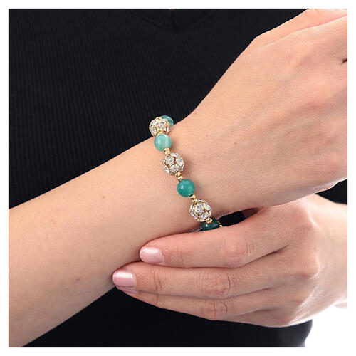 Pulseira contas aventurina verde bolas strass prata 925 dourada 2