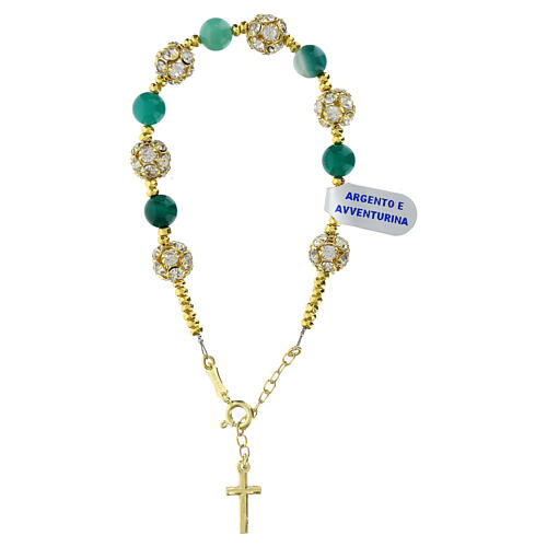 Pulseira contas aventurina verde bolas strass prata 925 dourada 3