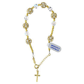 Single decade rosary bracelet of strass ball beads and white faceted crystals, gold plated 925 silver