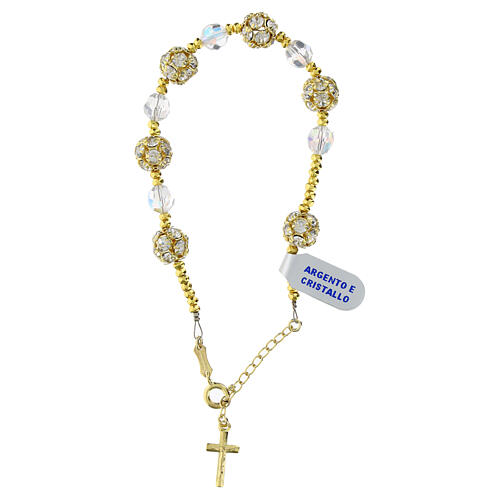 Single decade rosary bracelet of strass ball beads and white faceted crystals, gold plated 925 silver 1