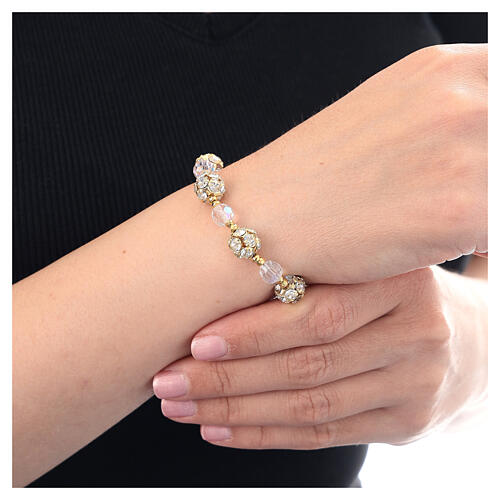 Single decade rosary bracelet of strass ball beads and white faceted crystals, gold plated 925 silver 2