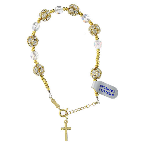 Single decade rosary bracelet of strass ball beads and white faceted crystals, gold plated 925 silver 3