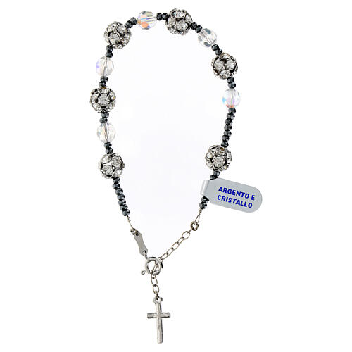 Single decade rosary bracelet of strass ball beads and white faceted crystals, 925 silver 3