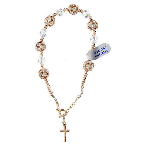 Rosé single decade rosary bracelet of strass ball beads and white faceted crystals, 925 silver 1