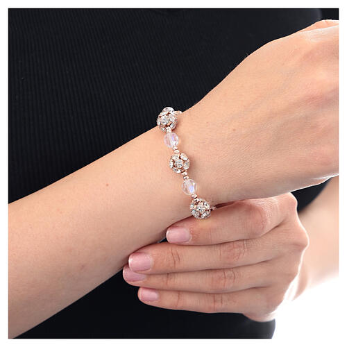 Rosé single decade rosary bracelet of strass ball beads and white faceted crystals, 925 silver 2