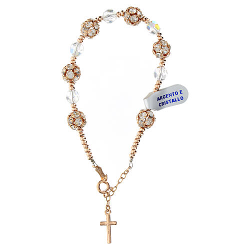 Rosé single decade rosary bracelet of strass ball beads and white faceted crystals, 925 silver 3