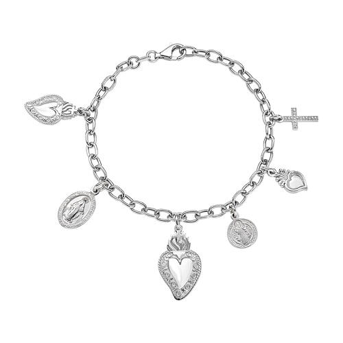 Armband, Amen, Multi-Charm mit Kreuz, Heiligstem Herz, Benediktusmedaille und Wunderbarer Medaille, 925er Silber rhodiniert – 19 cm 1