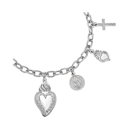 Armband, Amen, Multi-Charm mit Kreuz, Heiligstem Herz, Benediktusmedaille und Wunderbarer Medaille, 925er Silber rhodiniert – 19 cm 3
