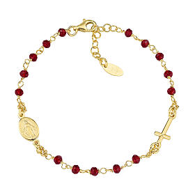 Amen single decade rosary bracelet with red crystal beads, gold plated 925 silver