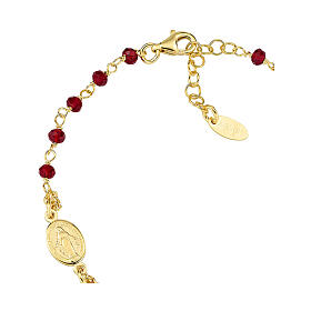 Amen single decade rosary bracelet with red crystal beads, gold plated 925 silver