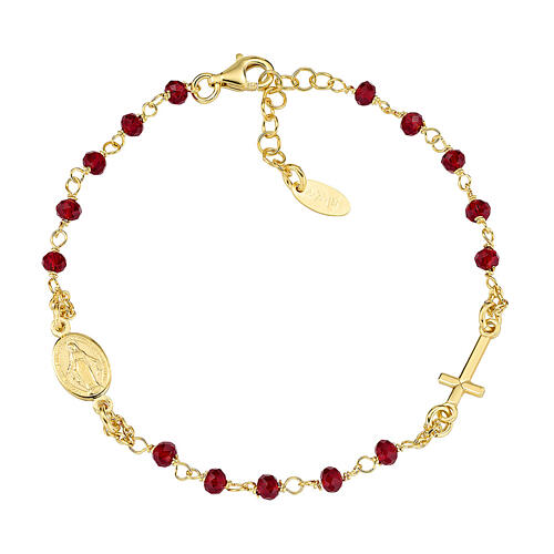 Amen single decade rosary bracelet with red crystal beads, gold plated 925 silver 1