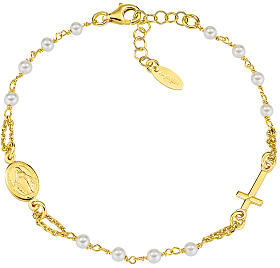 Amen single decade rosary bracelet with 0.12 in beads, gold plated 925 silver