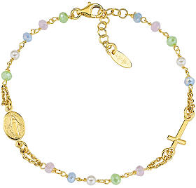 Single decade rosary bracelet by Amen with pastel crystal beads, gold plated 925 silver