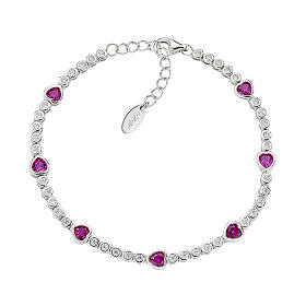 AMEN 925 Rhodium-Plated Silver Bracelet with White Zircons and Red Hearts
