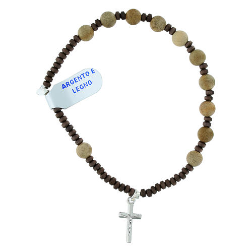 Bracciale elastico croce argento 925 grani legno 6 mm 1