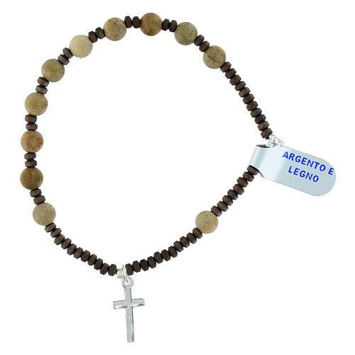 Bracciale elastico croce argento 925 grani legno 6 mm 2