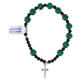 Armband, elastisch, Kreuz aus 925er Silber, Malachit-Perlen 8 mm und Turmalin-Perlen 4 mm