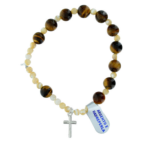 Armband, elastisch, Kreuz aus 925er Silber, Tigerauge-Perlen 8 mm und Perlmutt-Perlen 4 mm 2