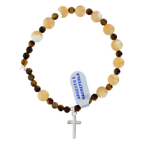 Armband, elastisch, Kreuz aus 925er Silber, Perlmutt-Perlen 8 mm und Tigerauge-Perlen 4 mm 2
