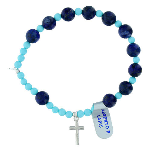 Armband, elastisch, Kreuz aus 925er Silber, Lapis-Perlen 8 mm und Türkis-Perlen 4 mm 2