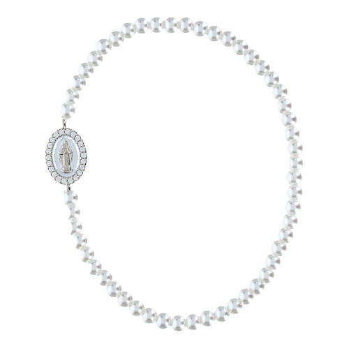Bracciale perle 3 mm Amen argento 925 Madonna Miracolosa bianco zirconi 1