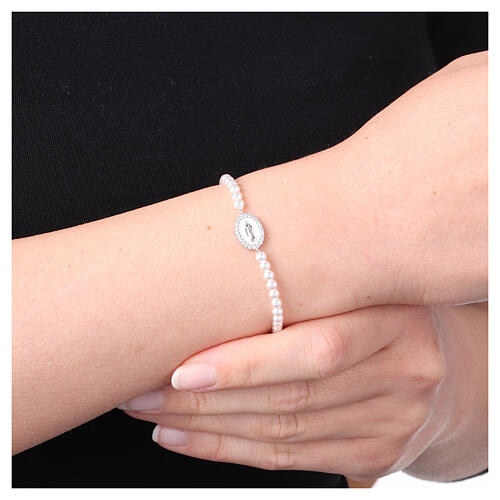 Bracciale perle 3 mm Amen argento 925 Madonna Miracolosa bianco zirconi 2