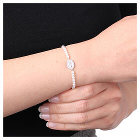 Bracciale perle 3 mm Amen argento 925 Madonna Miracolosa rosa zirconi