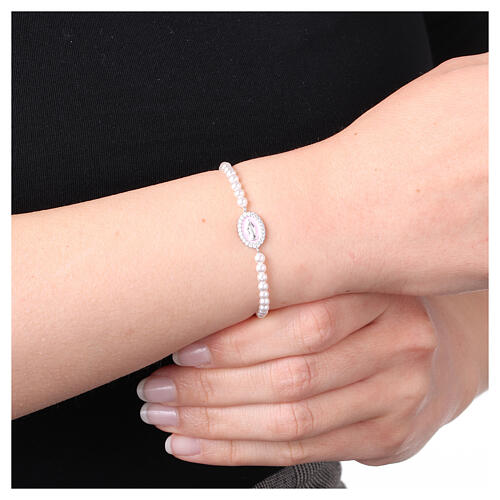 Bracciale perle 3 mm Amen argento 925 Madonna Miracolosa rosa zirconi 2