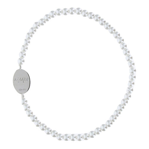 Bracciale perle 3 mm Amen argento 925 Madonna Miracolosa rosa zirconi 3
