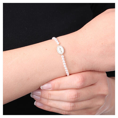 Armband AMEN, Perlen 3 mm, 925er Silber, vergoldet, Wunderbare Medaille, weiße Zirkonia 2