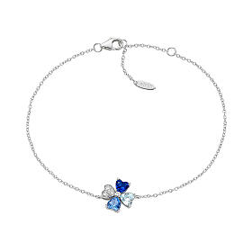 Armband AMEN, Kleeblatt 8 mm, 925er Silber, Zirkonia in Aquamarin, Hellblau, Nachtblau und Weiß