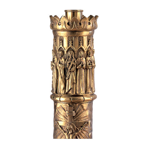 Paschal candle holder with 4 evangelists, 12 apostles, crucifixion, resurrection in silver-plated brass by Molina, 45 in 3