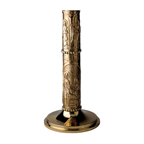 Molina Paschal candle holder with Birth of Christ, Crucifixion and Resurrection, silver-plated brass, 43 in 3