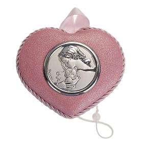 Médaille pour berceau coeur rose avec carillon Vierge à l'Enfant