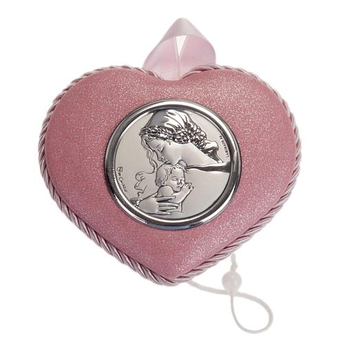 Médaille pour berceau coeur rose avec carillon Vierge à l'Enfant 1