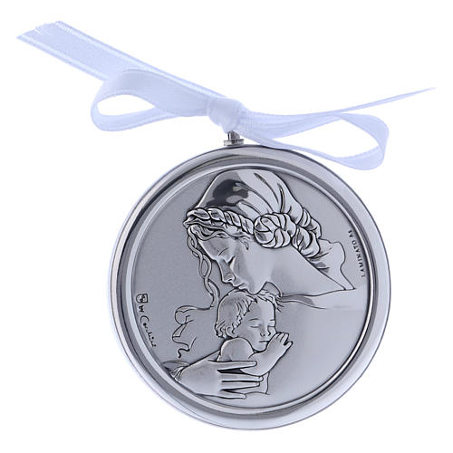 Médaille ronde pour berceau bi-laminé Vierge à l'enfant ruban blanc 1