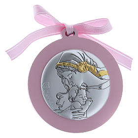 Medallón para Cuna Virgen con Niño Placa Bilaminada acabado dorado Cinta Rosa