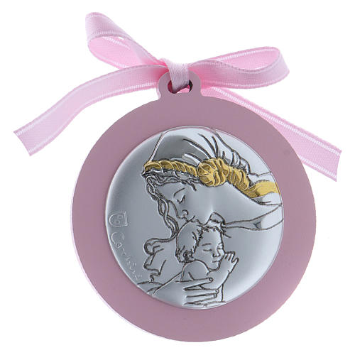 Medallón para Cuna Virgen con Niño Placa Bilaminada acabado dorado Cinta Rosa 1